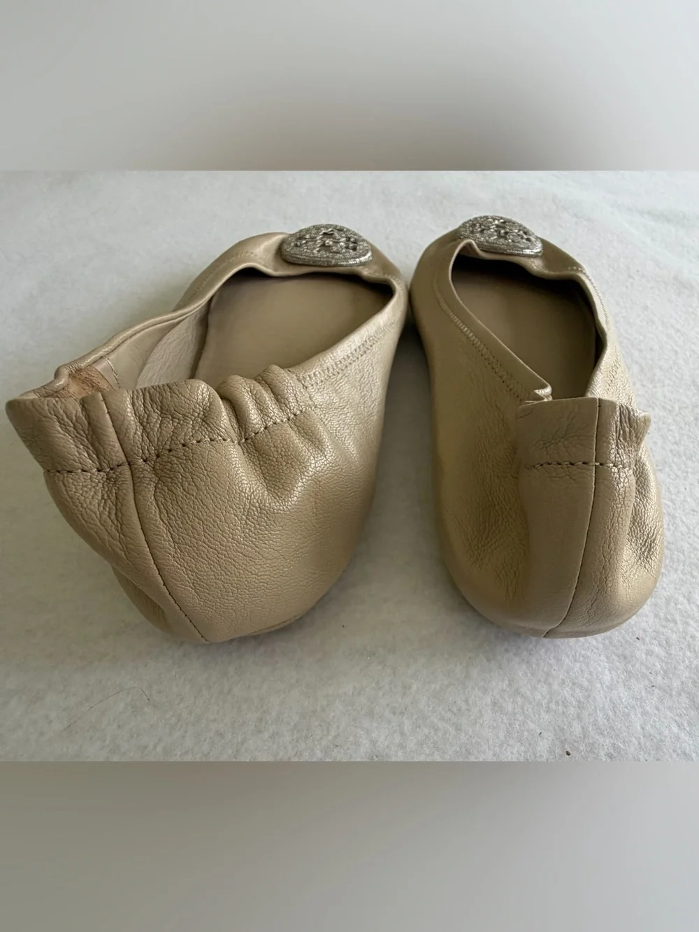 Tory Burch Minnie Travel Ballet Flats Beige Leather Crystal Pave Logo